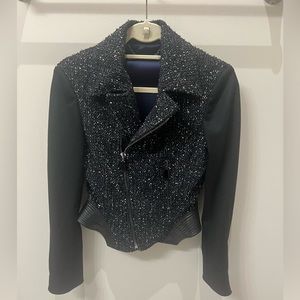 Elie Tahari Wool/Tweed w/ Leather Trim Moto Biker Jacket in Black/White, Size 2